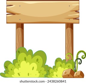 Cartoon wooden sign among lush greenery