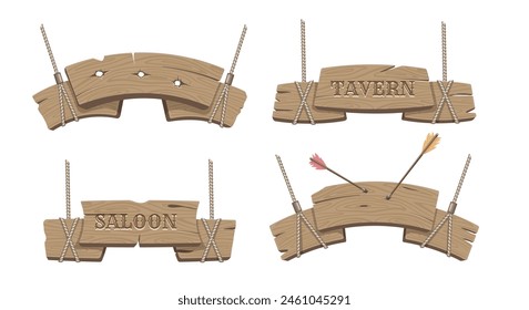 Cartoon wooden sign boards with ropes. Old blank banners with bullet holes and indian arrrows, wild west style saloon signs isolated vector illustration