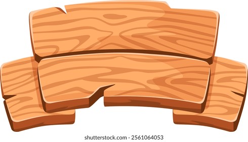 Cartoon wooden sign featuring three planks displaying a rich wood grain texture, providing a blank canvas for text or icons, isolated against a clean white background