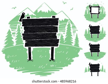 Cartoon wooden sign on mountain meadow. 4 additional versions included. 