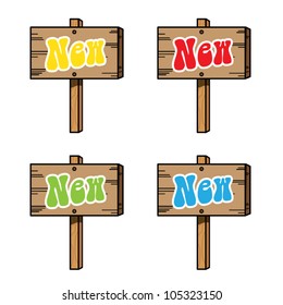 Cartoon wooden sign post with NEW text, advertisement concept, fresh offer concept. Vector illustration