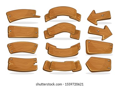 Cartoon Wooden Signboards Of Various Shapes Set Vector Illustration. Collection Consists Of Empty Rustic Wood Sign Board And Arrows For Message. Isolated On White Background
