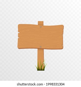 Cartoon wooden signpost sign on green grass. Wooden signpost, sign on isolated transparent background. PNG.