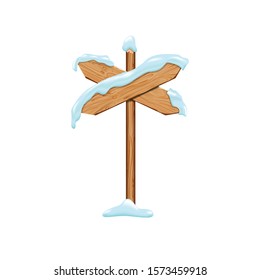 Cartoon wooden signs with iced snow. Winter holiday billboard frame isolated on white background. Christmas directional signboard plank banner element. Vector wooden pointing guidepost illustration