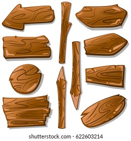 Cartoon Wooden Signs And Pointers Vector Set. Wood Plank Elements For Design Isolated On White Background.