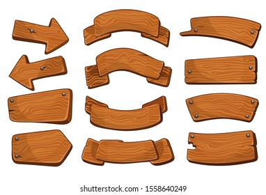 Cartoon wooden signs of various shapes collection vector illustration. Set consists of blank or empty wood signboards and pointing arrows. Isolated on white background