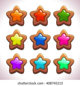 Cartoon wooden stars with colorful middles set, vector game or web design elements, GUI assets, abstract star symbol icons, star object for game UI