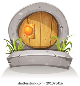 Cartoon Wooden And Stone Fairy Door For Ui Game/
Illustration of a cartoon comic funny little rounded wood door with stone doorframe for fantasy ui game