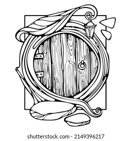 Dibujo de madera y dibujo de la puerta redonda de piedra. Ilustración vectorial del libro coloreado de puertas de hadas