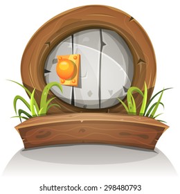 Cartoon Wooden And Stone Rounded Door For Ui Game/
Illustration of a cartoon comic dwarf like funny rounded stone door with wooden doorframe for fantasy ui game