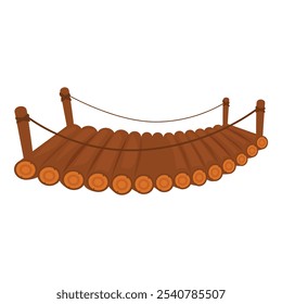 Puente colgante de madera de dibujos animados hecho de troncos y cuerda, conectando dos lados