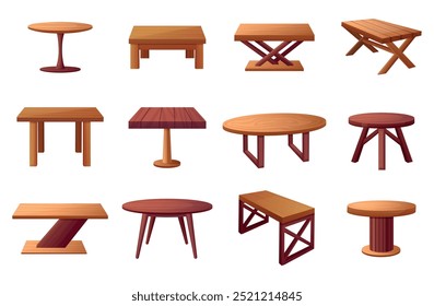 Cartoon wooden tables. Isolated table for eating at home, for restaurant cafe cafeteria outdoor interior. Kitchen furniture, nowaday vector collection