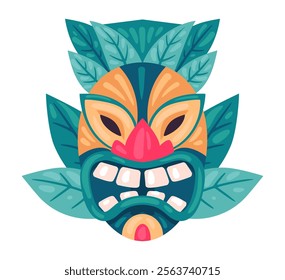 Cartoon wooden tiki mask. Ritual totem african or hawaiian mask, ethnic tribal ritual idol flat vector illustration. Ceremonial mask on white