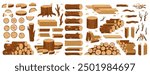 Cartoon wooden timbers. Tree logs and trunks, chopped firewood, stacked planks, woodwork bars and washers, nature materials, forest construction materials isolated tidy vector set