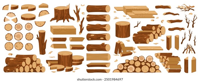 Cartoon wooden timbers. Tree logs and trunks, chopped firewood, stacked planks, woodwork bars and washers, nature materials, forest construction materials isolated tidy vector set