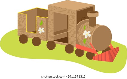 Tren de juguetes de madera de caricatura con detalles coloridos sobre verde. Ilustración vectorial de la locomotora de juguete infantil.