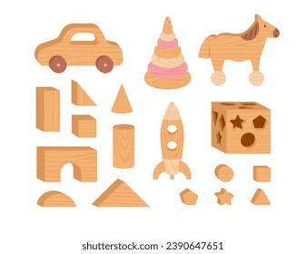 Juego vectorial de juguetes de madera de dibujos animados. Coche y cohete, pirámide y caballo, diferentes formas ladrillos. Los niños juegan a la construcción cúbica, al entretenimiento lógico. Colección de juguetes para bebés con superficie de madera aislada