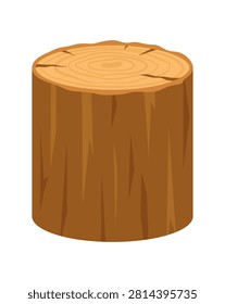 Cartoon wooden tree trunk in flat style. Round brown wood stump as cute log icon. Natural timber block with visible grain and ring detail, forest material concept for game asset or sticker