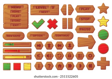 Cartoon wooden UI buttons and panels. Menu components and settings icons. Tree texture. Natural material. 2D game interface. Plywood symbols. Wood frames. Dashboard signs