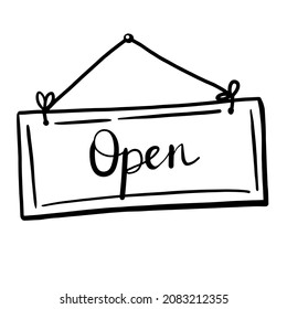 Cartoon wooden vector sign board sketch hanging on the door. Timber plank with information. Working hours.