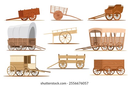 Cartoon wooden wagon. Vintage vehicle. Old western carriage with big wheels. Covered tent wheelbarrow. Stagecoach trip. Cargo or passenger transportation. Vector antique