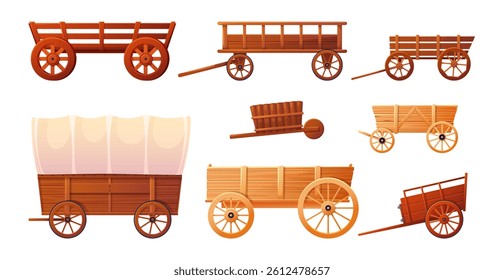 Cartoon wooden wagons. Farm old vehicles, retro carriages with big wheels, wild west horse transport, western wheelbarrow, empty countryside cargo cartwheels classy vector flat style isolated set