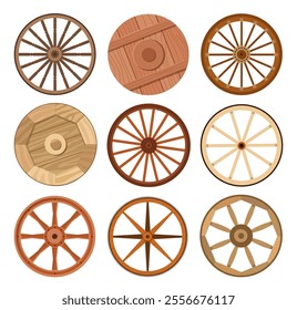 Cartoon wooden wheels. Old wheels from carts and chariots. Ancient cartwheels. Wild west transportation. Stagecoach wood tire. Old transport circles. Retro vehicles