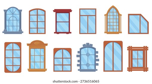 Cartoon wooden window frames. Facade glazing for house, apartment building, office. Modern vintage windows, plastic and wood architecture design nowaday vector elements