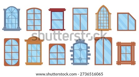 Cartoon wooden window frames. Facade glazing for house, apartment building, office. Modern vintage windows, plastic and wood architecture design nowaday vector elements
