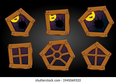 Cartoon wooden windows, and broken, Halloween scary view.