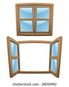 Cartoon Wooden Windows - Closed And Open (Vector)