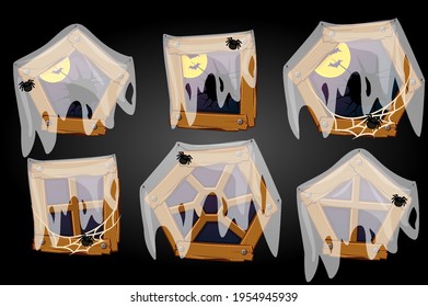 Cartoon wooden windows spider web, Halloween scary view.