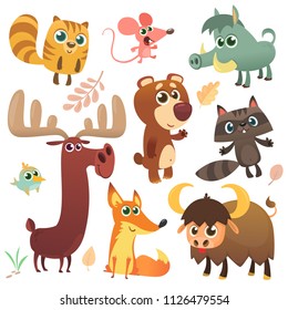 Cartoon woodland animals set. Vector illustratation. Squirrel, mouse, raccoon, boar, fox, buffalo, bear, moose, bird. Isolated. Design for children book, decoration, sticker, print, package, logo