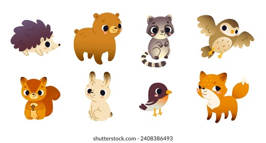 Cartoon woodland baby animals set. Vector collection of cute forest mammals for kids.