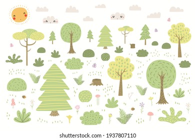 Cartoon woodland landscape, forest scene, isolated on white background. Hand drawn vector illustration. Tree, bush elements. Scandinavian style flat design. Concept for kids print, wallpaper, poster