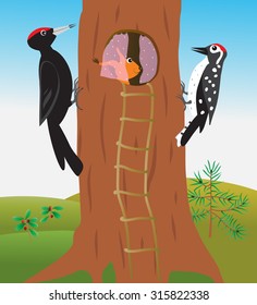 Cartoon woodpeckers on a hollow tree. Vector illustration.