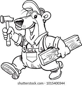 A cartoon woodworking bear with a hammer