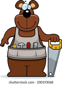 A cartoon woodworking bear with a saw.