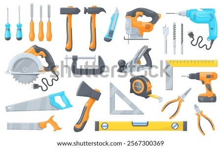 Cartoon woodworking tools. Carpentry workshop instruments set, diy home working or carpenter shop woodwork hardware hammer drill saw chisel axe screwdriver neat vector illustration original artwork