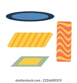 Cartoon wool carpets. Mats different, bath rug, carpet woven from pieces of fabric, decoration textile rugs for floor or feet, color round roll, vector illustration. Carpet and rug textile isolated