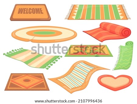 Cartoon wool carpets. Mats different, bath rug, carpet woven from pieces of fabric, decoration textile rugs for floor or feet, color round roll, vector illustration. Carpet and rug textile isolated Foto d'archivio © 