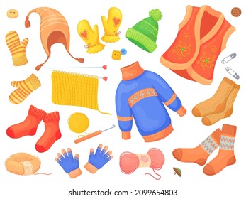 Cartoon wool knitwear. Knit winter clothes, woolen socks jacket sweater jumper, knitted garments, clothe garment wools cloth, warm outerwear, vector illustration. Cartoon warm and wool winter knitwear