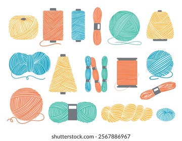 Cartoon wool and spools. Sewing threads. Knitting or crochet yarn. Skeins and balls. Knit bobbins. Handcraft dressmaking elements. Embroidery rolls. Tailor equipment