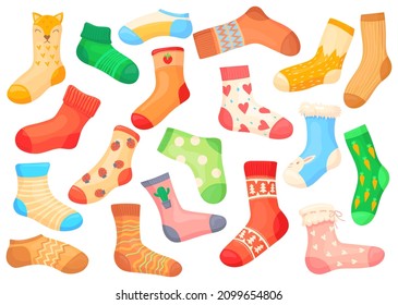 Cartoon woolen socks. Pair stripe children sockes, winter warm striped kid sock, wool hosiery, child cute wardrobe, holiday clothes for foot, isolated neat vector illustration. Cotton warm wool socks