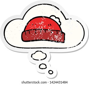 sombrero de lana de caricatura con burbuja de pensamiento como pegatina gastada angustiada