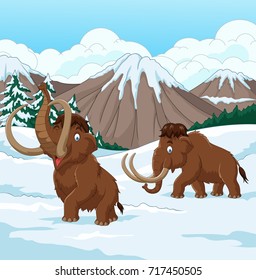 Cartoon Woolly Mammoth walking through a snowy field