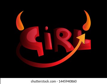 Cartoon word Girl with devil horns and tail in red and orange color. Hell devil girl concept, cute cartoon style about bad girl, evil girls. Cartoon heck girl word with horn and red tail, isolated on