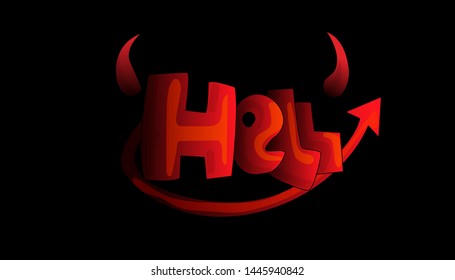 Cartoon word Hell with devil horns and tail in red and dark color, isolated on black background. Hell devil word, cute cartoon style. Cartoon heck with horn and red tail, funny isolated illustration
