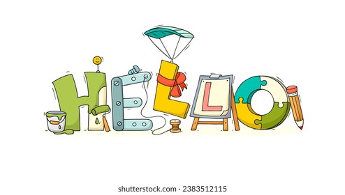 Cartoon word Hello. Doodle cute miniature scene of workers big letters. Hand drawn vector illustration for business and friendship design.