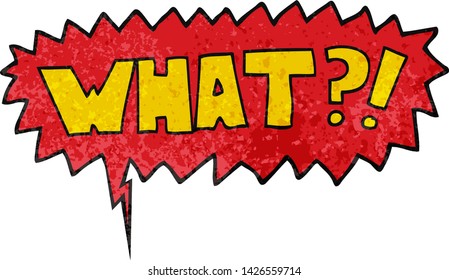 cartoon word What?! with speech bubble in retro texture style